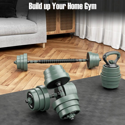 Adjustable dumbbell set with connector by DirectDeals, green weight plates on hardwood floor on Tampa Home & Garden Store