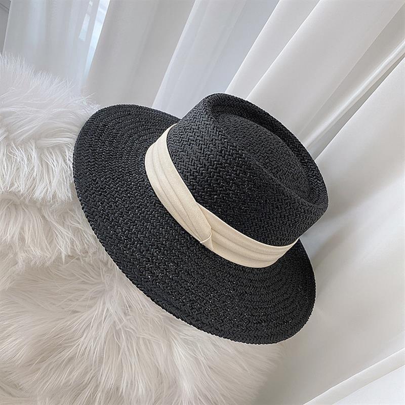 Stevvex black straw fedora hat with beige ribbon, wide brim, breathable packable sun hat on Tampa Home & Garden Store