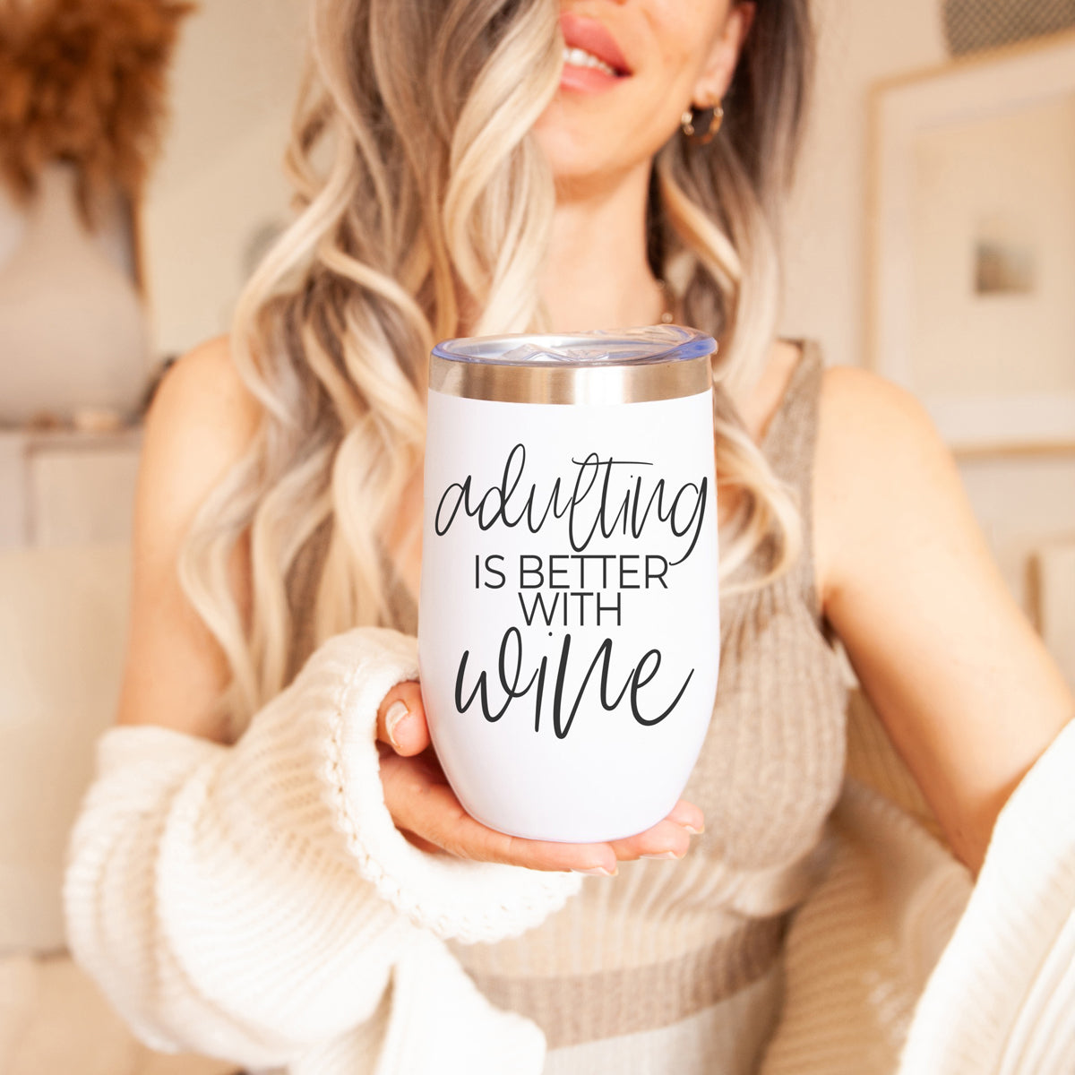 Adulting 17oz tumbler Gia Roma white stainless steel with clear lid on Tampa Home & Garden Store
