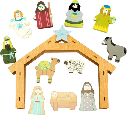 Wooden Nativity Set 12 Piece for Kids with natural wood stable and colorful figures on Tampa Home & Garden Store