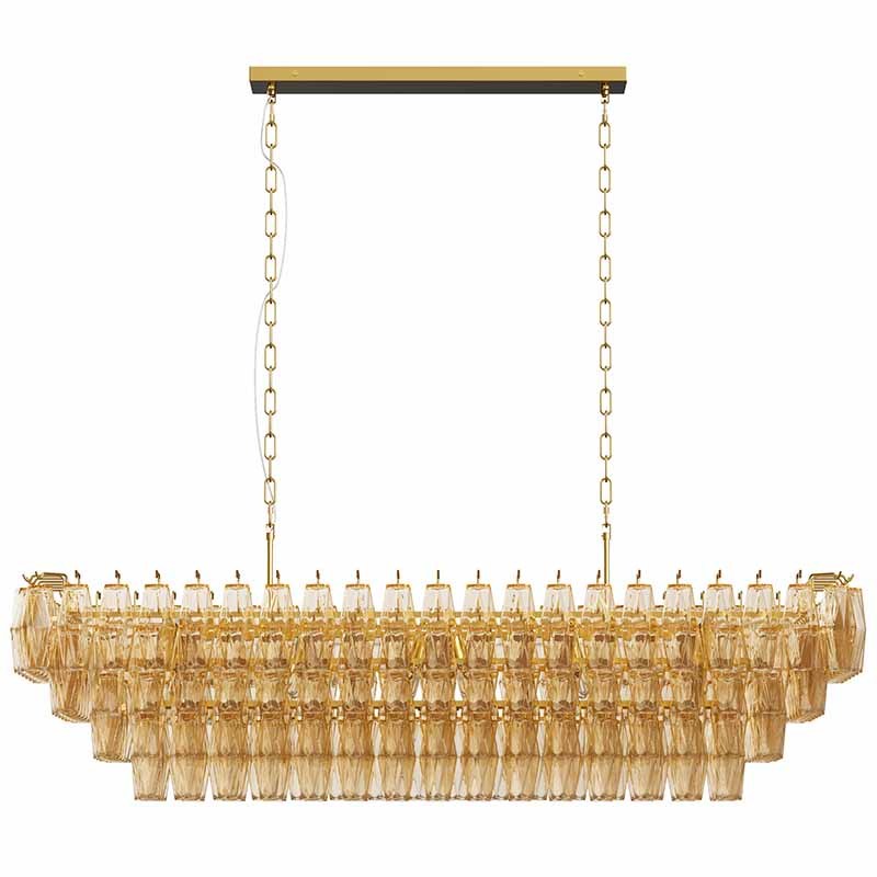 Modern dining chandelier 54-inch rectangular gold glass prisms by HouseOfZazla over table on Tampa Home & Garden Store