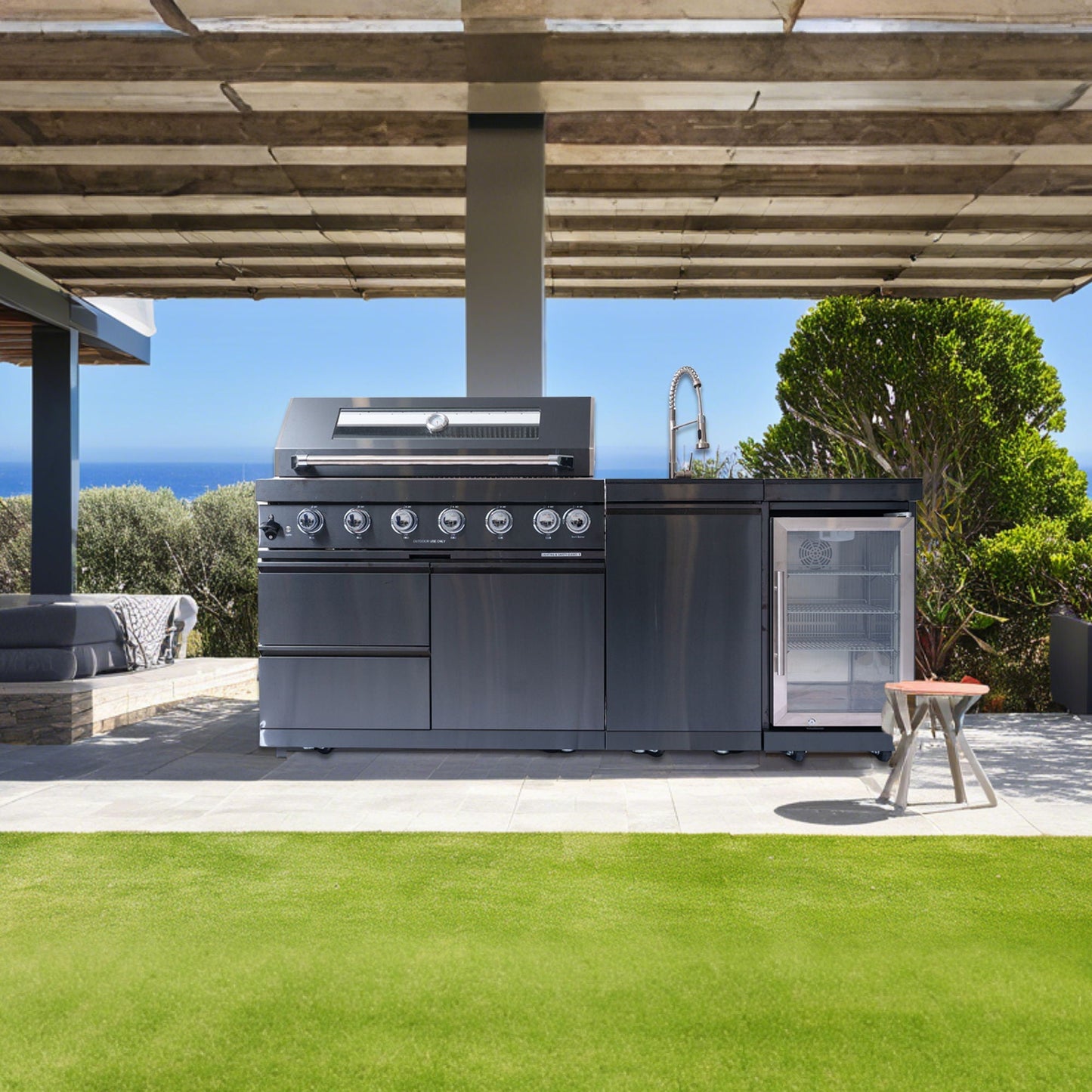 6-burner gas outdoor kitchen island grill in black with rotisserie, sink and wine cooler on Tampa Home & Garden Store