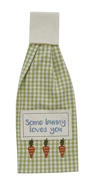 Some Bunny Loves You Appliqued Dish Towel, green gingham with three carrot appliques on Tampa Home & Garden Store