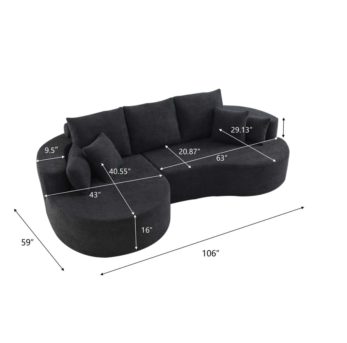 106 in fabric cloud curved sectional with chaise lounge in charcoal boucle by HouseOfZazla on Tampa Home & Garden Store