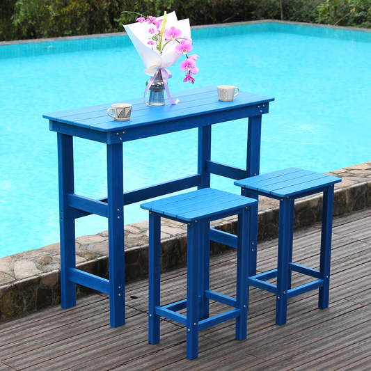 HDPE outdoor dining and bar chair set in blue with table and two stools by a poolside on Tampa Home & Garden Store