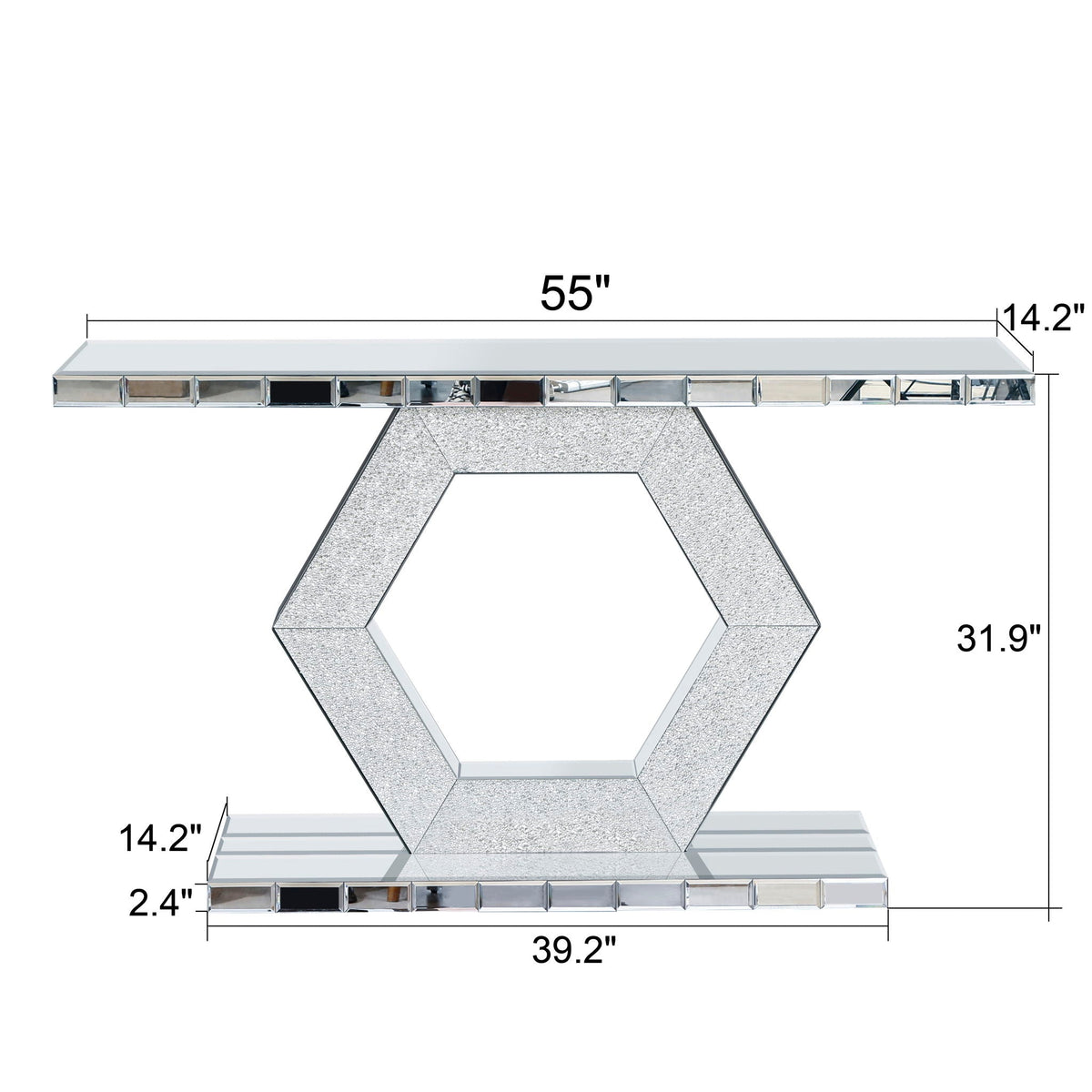 Sparkling Crystal Hexagon Console Table with Diamond Glass - Silver by HouseOfZazla 55 in long on Tampa Home & Garden Store