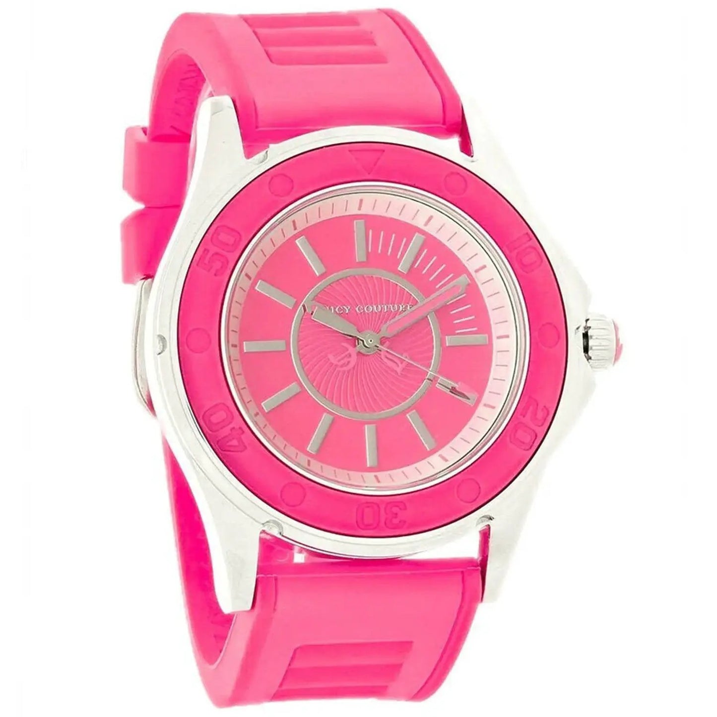 Juicy Couture Rich Girl women's quartz wristwatch with pink silicone strap and silver case on Tampa Home & Garden Store