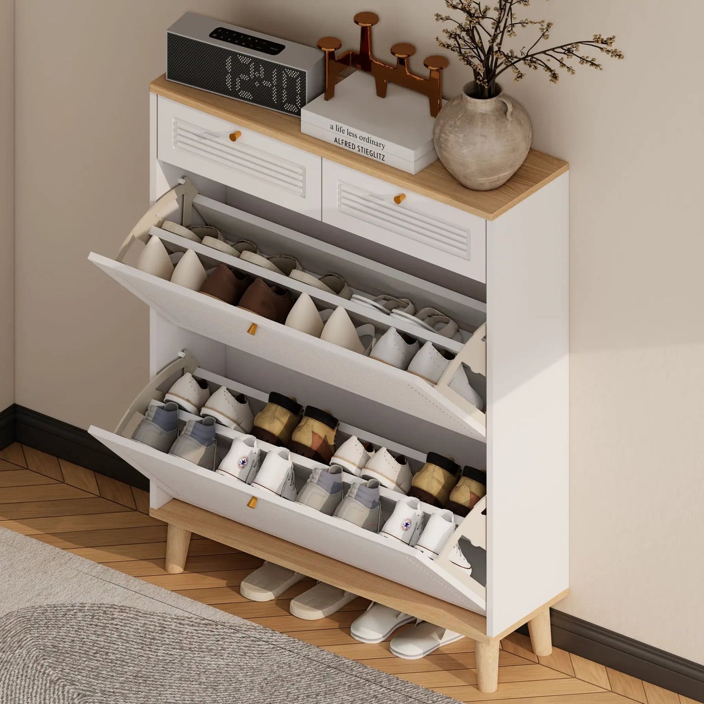 Shoe cabinet in white natural with flip-up doors and drawers Unique Piece Furniture on Tampa Home & Garden Store