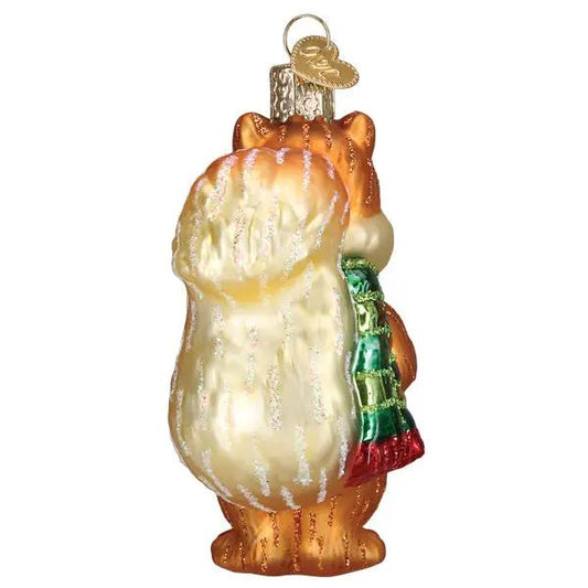 Silly Christmas Squirrel Ornament with Gift orange glass squirrel, gold cap, green gift tree on Tampa Home & Garden Store