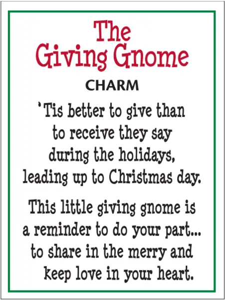 Gnome charm holiday ornament sign with red The Giving Gnome title and green border on Tampa Home & Garden Store