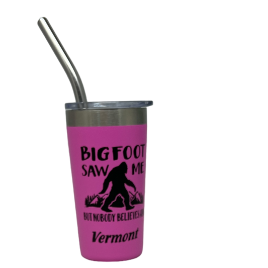 Vermont Bigfoot 2oz stainless steel shooter pink shot glass with curved metal straw on Tampa Home & Garden Store