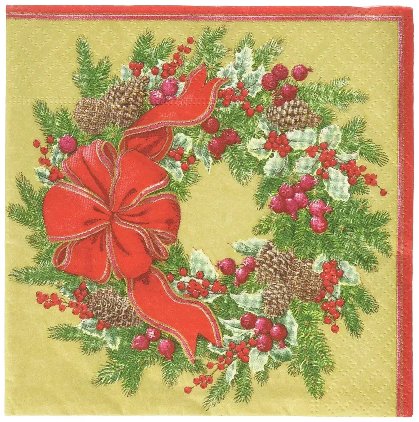 Evergreen Wreath Gold Cocktail Napkins by The Country Christmas Loft with red bow on Tampa Home & Garden Store