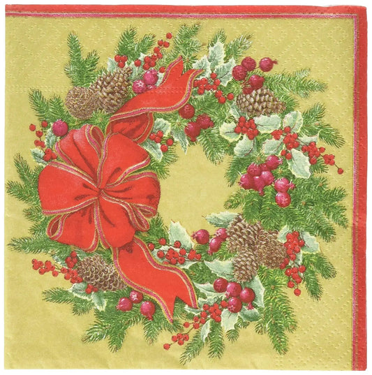 Evergreen Wreath Gold Cocktail Napkins by The Country Christmas Loft with red bow on Tampa Home & Garden Store
