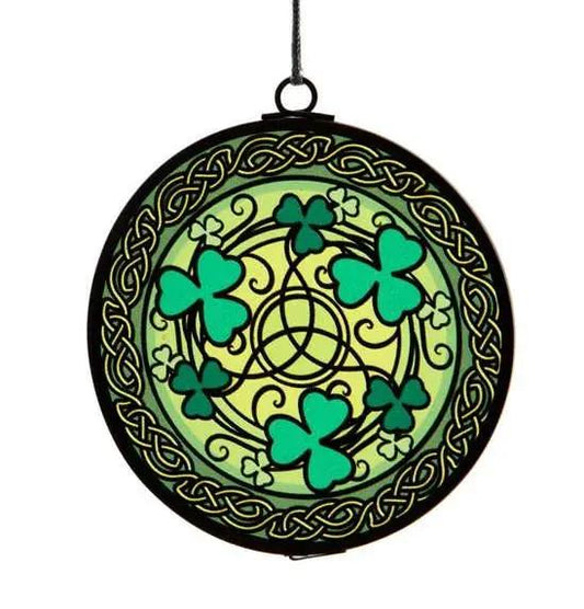 Green Shamrock Stained Glass Ornament with Celtic knot border and hanging cord on Tampa Home & Garden Store