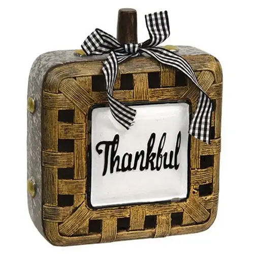 Resin Woven Basket Look Square Pumpkin Decor with Thankful tile brown/gold frame black bow on Tampa Home & Garden Store