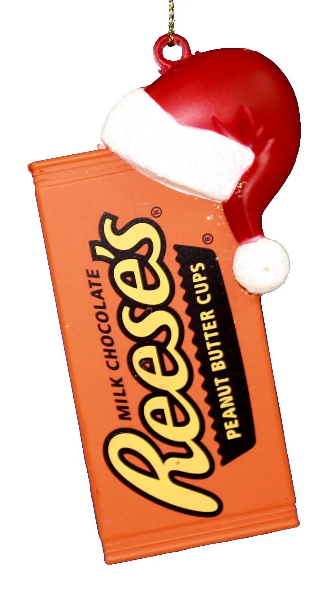 Reese's Cup Ornament with Santa Hat, orange packaging and red hat with white trim on Tampa Home & Garden Store