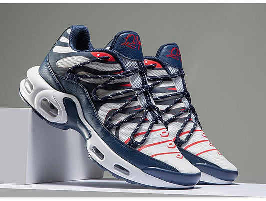 Stevvex Air Cushion Mens running shoes, breathable mesh navy and white with red accents, pair on Tampa Home & Garden Store