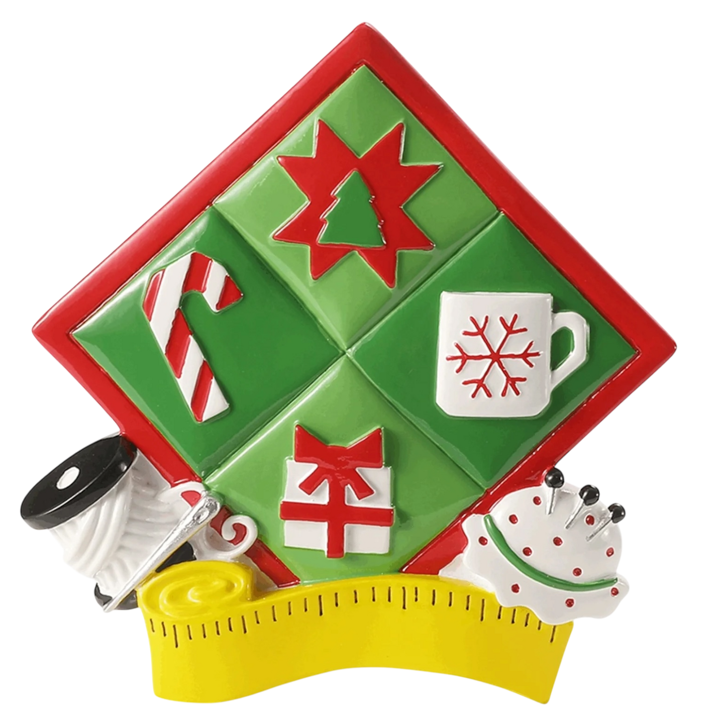Quilting Ornament by The Country Christmas Loft with green quilt blocks, candy cane and mug on Tampa Home & Garden Store