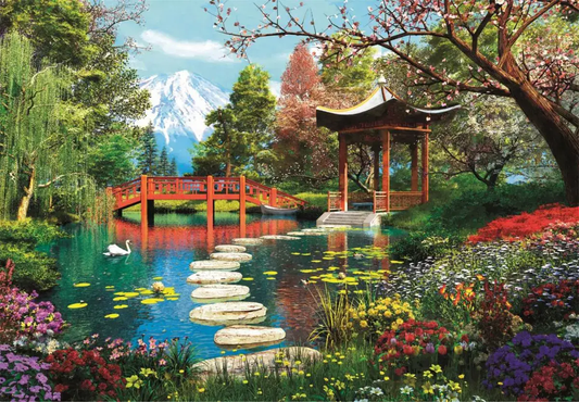 Fuji Garden Puzzle 1000-piece scenic landscape with red bridge, pagoda, stepping stones on Tampa Home & Garden Store