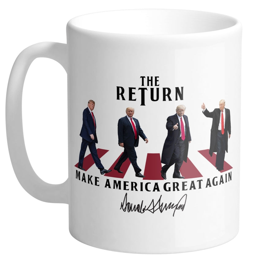 The Return Mug with Make America Great Again, white ceramic mug featuring Trump silhouettes on Tampa Home & Garden Store