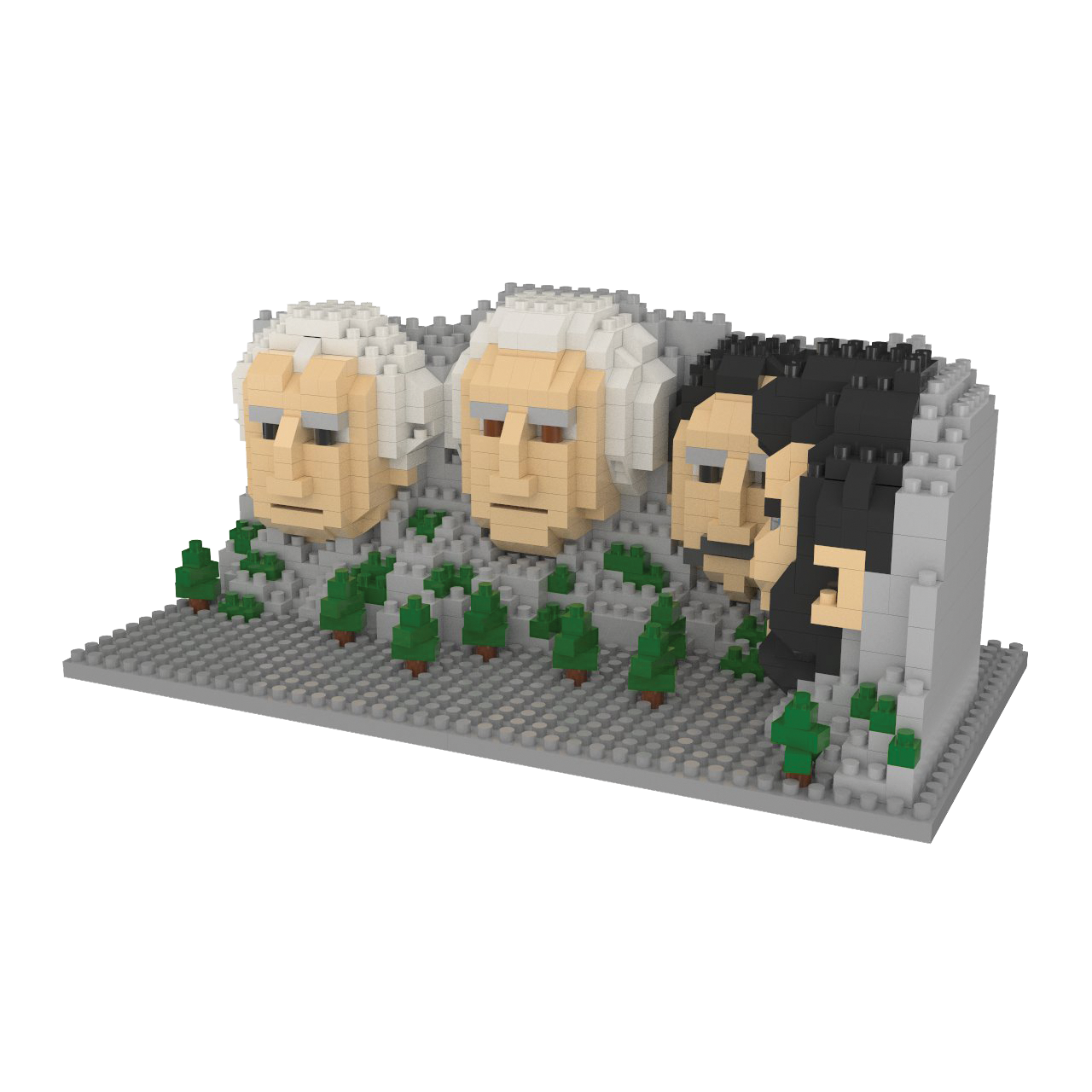 Mount Rushmore mini building blocks set; lego-style stone busts on gray base with green trees on Tampa Home & Garden Store