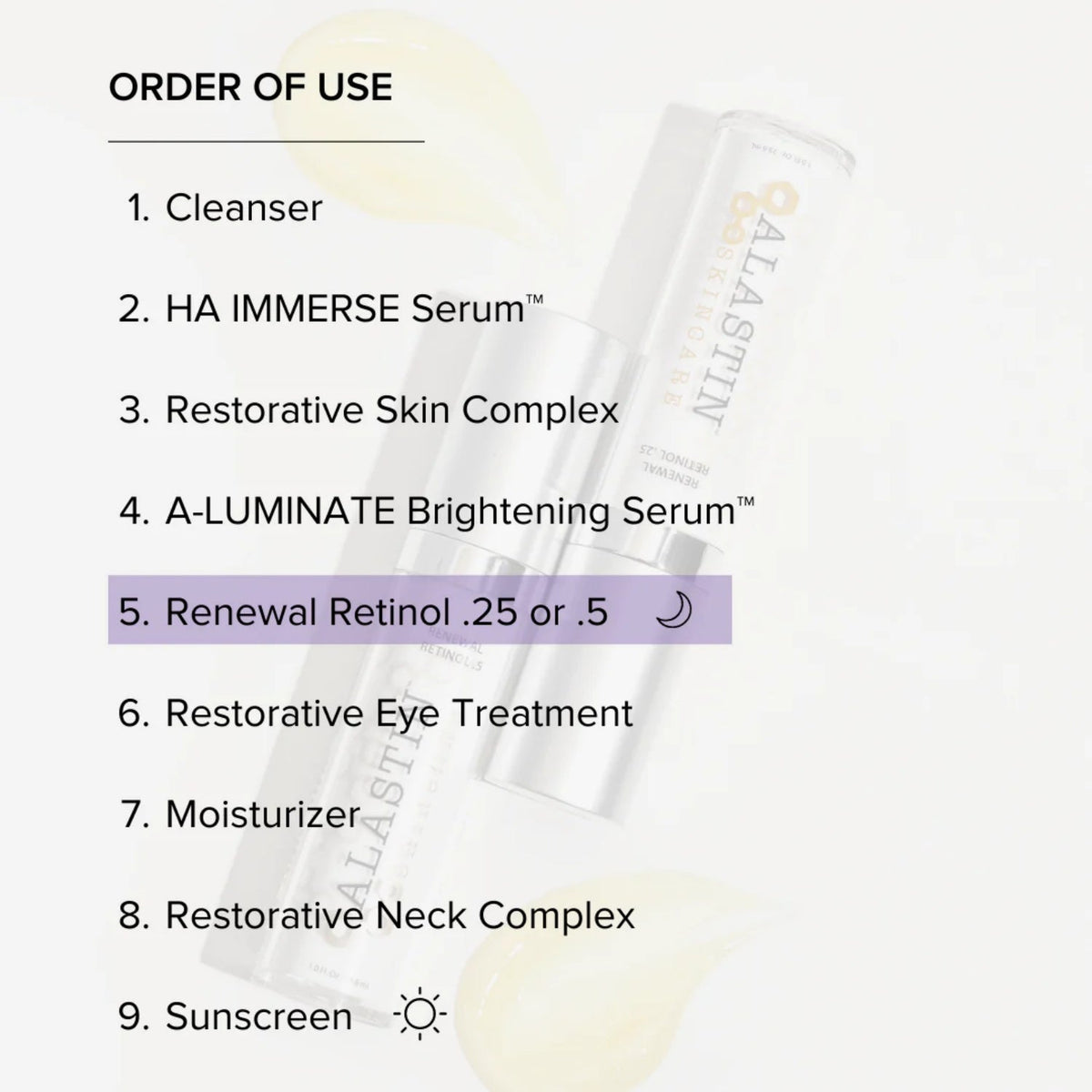 Alastin Skincare Renewal Retinol 1 Oz infographic showing order of use with Step 5 renewal retinol highlighted on Tampa Home & Garden Store