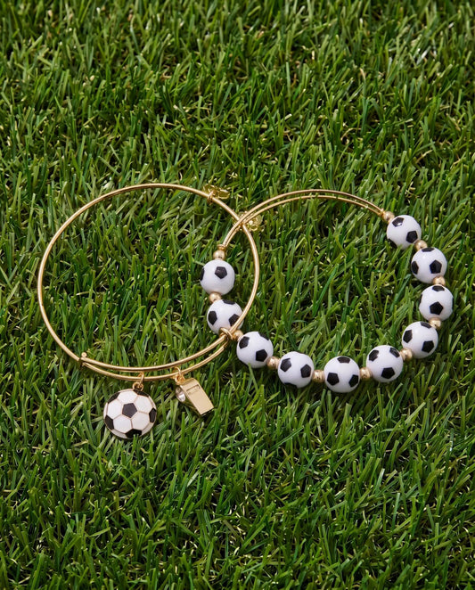 Soccer & Whistle Charm Bangle in gold-tone with soccer-ball beads by ALEX AND ANI on Tampa Home & Garden Store