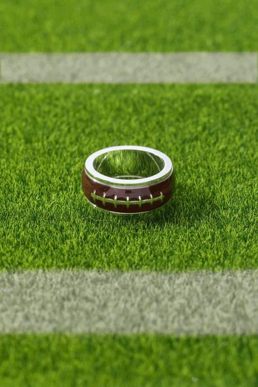 Football Fidget Ring by ALEX AND ANI, brown football-shaped ring with white stitching on Tampa Home & Garden Store