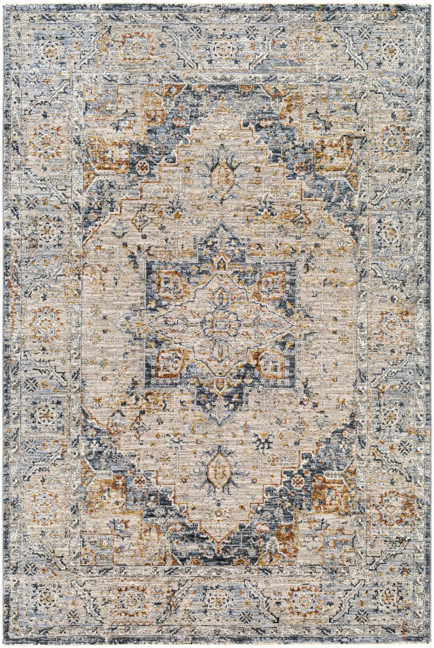 Alief Luxe Polyester Rug, machine woven, distressed blue-gray with ivory and gold accents on Tampa Home & Garden Store