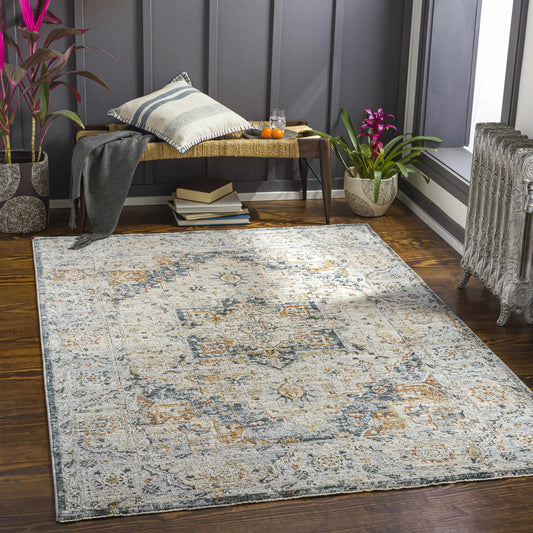 Alief Luxe Polyester Rug by Boutique Rugs, machine-woven, blue-gray beige distressed pattern on Tampa Home & Garden Store