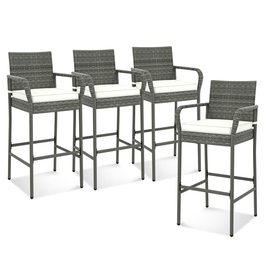 All Weather PE Rattan Bar Chairs Set of 4 with Armrests and Seat Cushions for Porch Backyard - Tampa Home & Garden Store