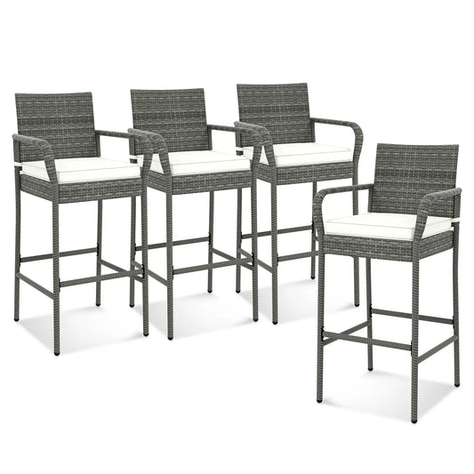 All Weather PE Rattan Bar Chairs Set of 4 by DirectDeals with wicker and white cushions on Tampa Home & Garden Store