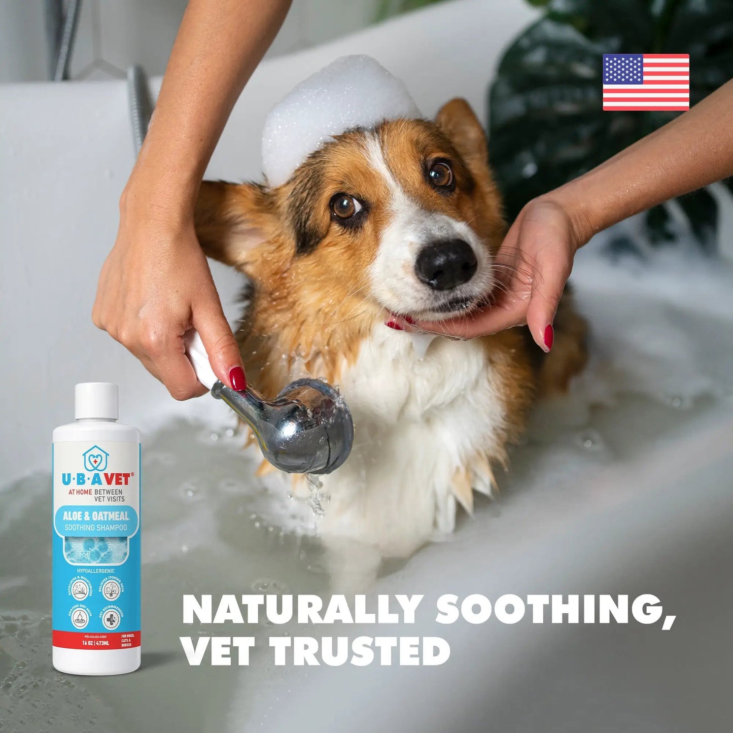 UBAVET Aloe & Oatmeal Soothing Shampoo bottle with blue label beside a wet dog in bath on Tampa Home & Garden Store
