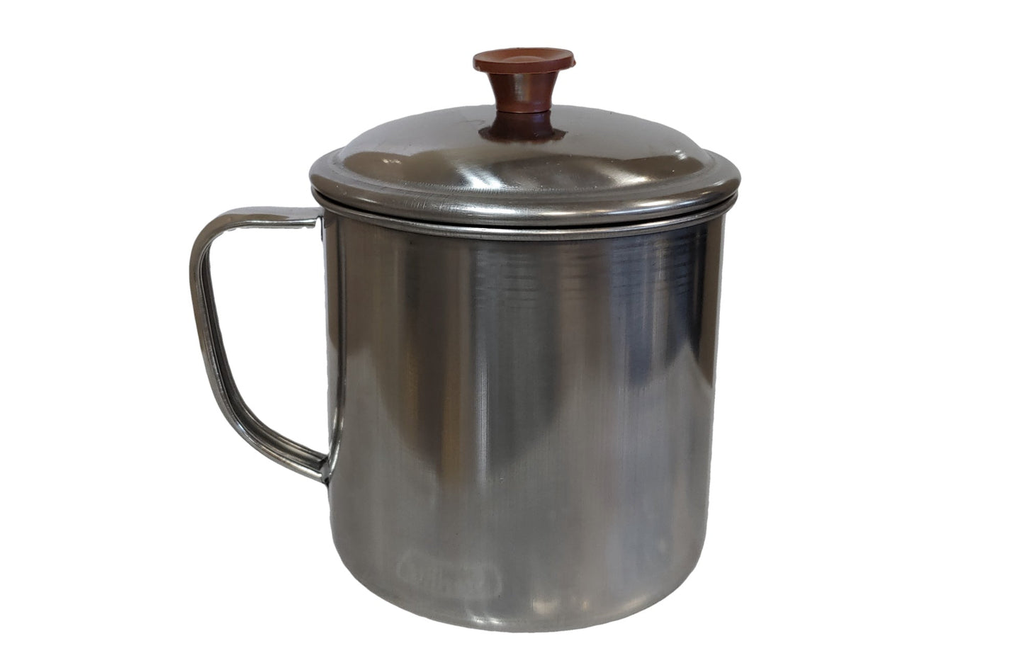 Stainless steel camp cup with lid, brown knob, and side handle on Tampa Home & Garden Store