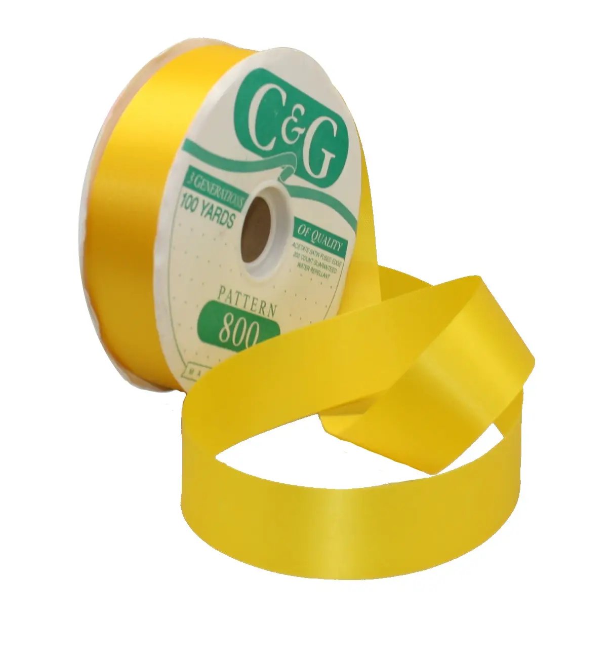 Satin acetate ribbon yellow, 1 5/16 in wide, 100 yd spool, biodegradable, C&G 800 pattern on Tampa Home & Garden Store