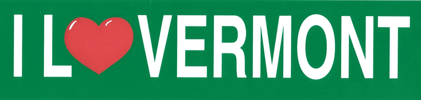I Love Vermont bumper sticker with green background and red heart on Tampa Home & Garden Store