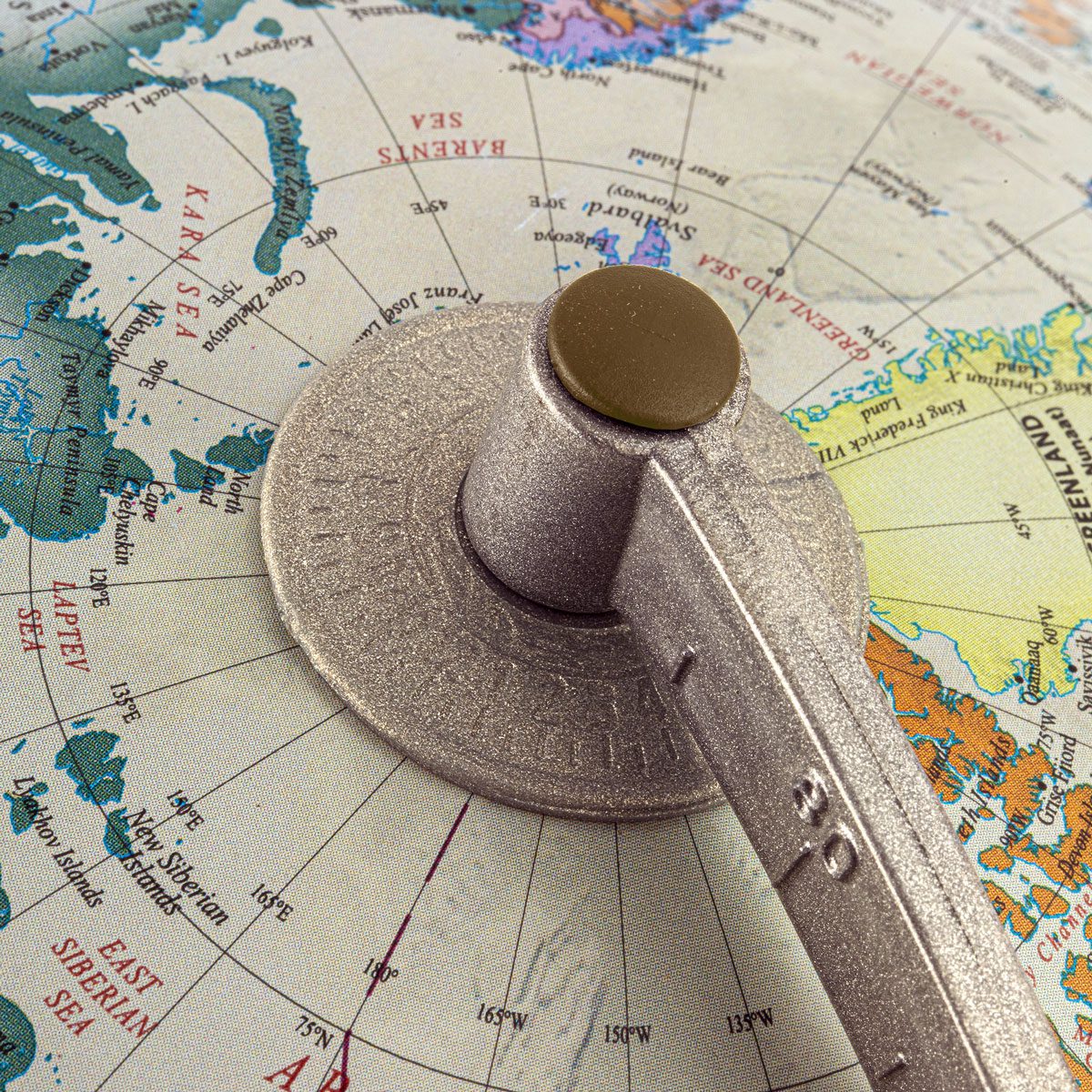 Ambassador Plus Ocean Globe Desk Decor by Ultimate Globes, metallic globe with curved stand on Tampa Home & Garden Store