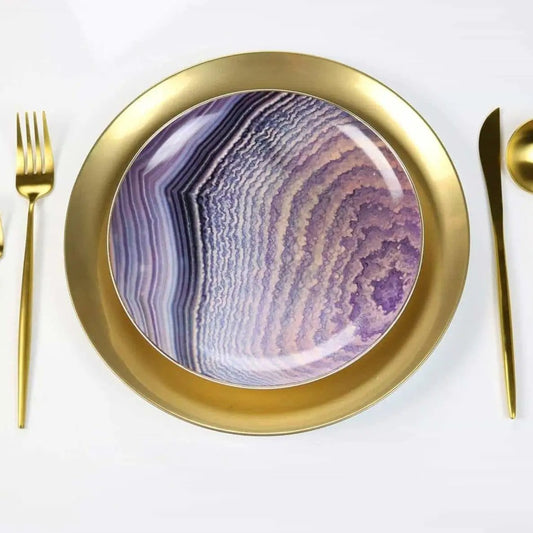 Amethyst Agate dinner plate set of 4 with purple agate pattern and gold rim on Tampa Home & Garden Store