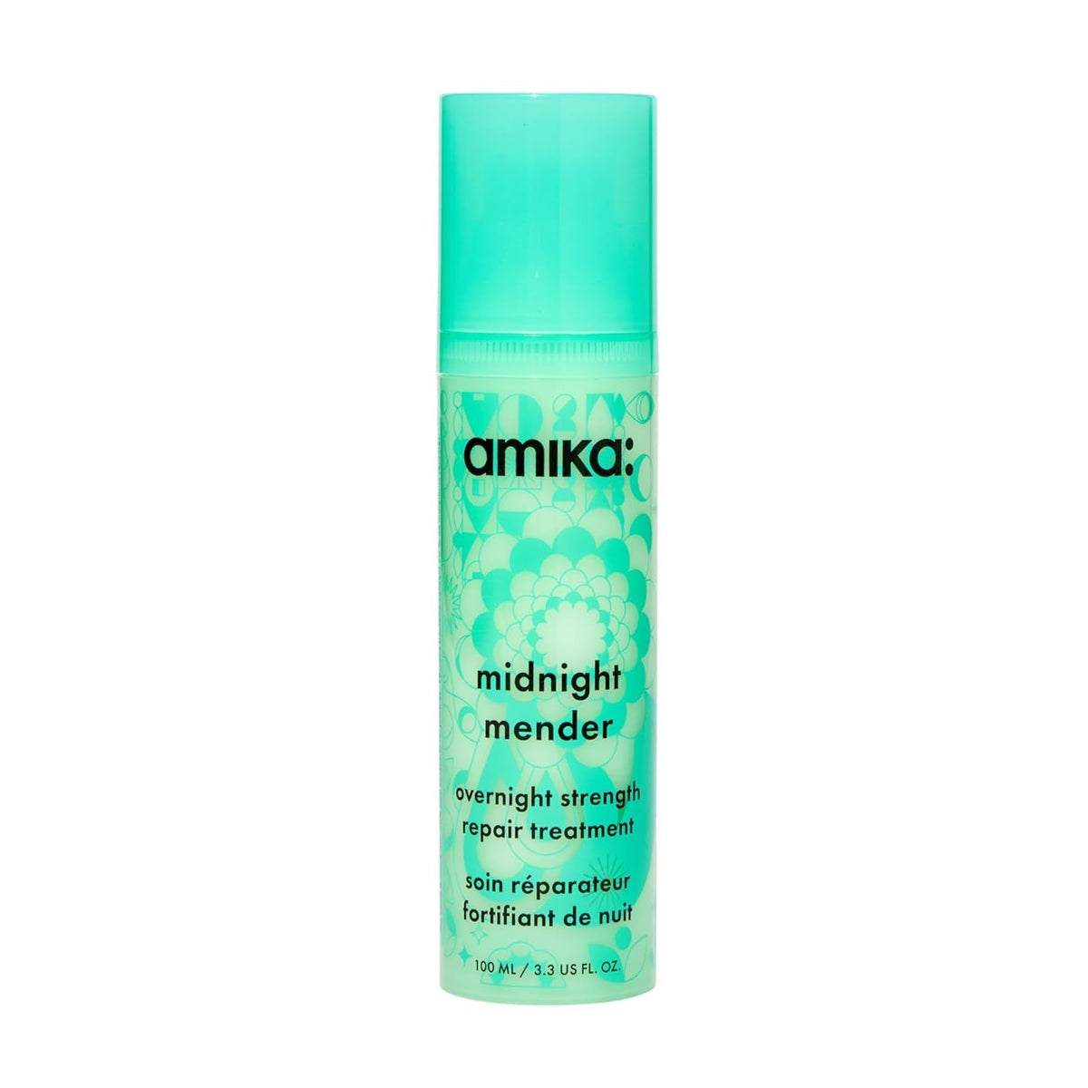 Amika Midnight Mender overnight hair mask bottle in turquoise with logo on Tampa Home & Garden Store