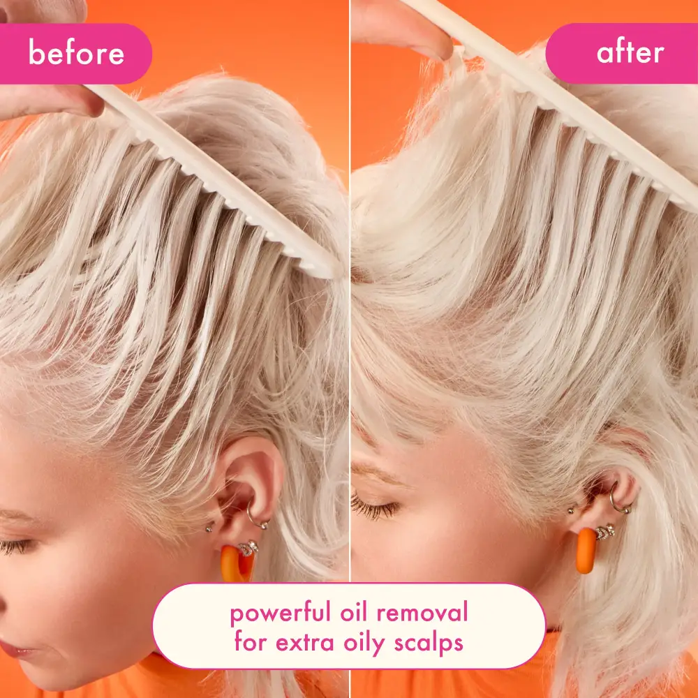 Amika Perk Up Ultra Oil Control Dry Shampoo before-after on blonde hair with orange backdrop on Tampa Home & Garden Store
