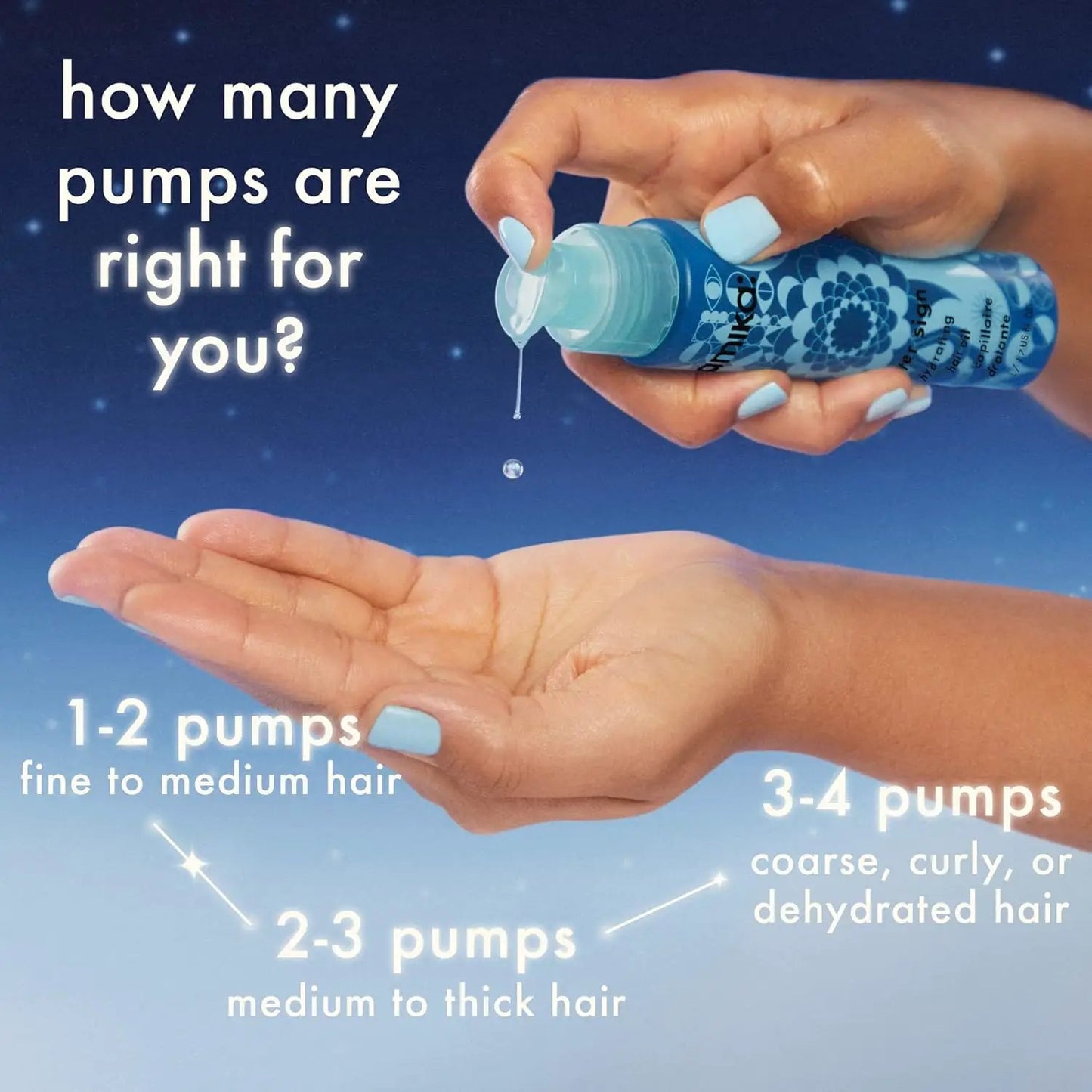 Amika Water Sign Hydrating Hair Oil blue bottle with pump top dripping oil onto open palm on Tampa Home & Garden Store
