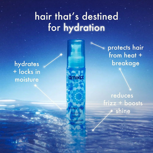 Amika Water Sign Hydrating Hair Oil bottle with blue design and Amika logo against blue backdrop on Tampa Home & Garden Store