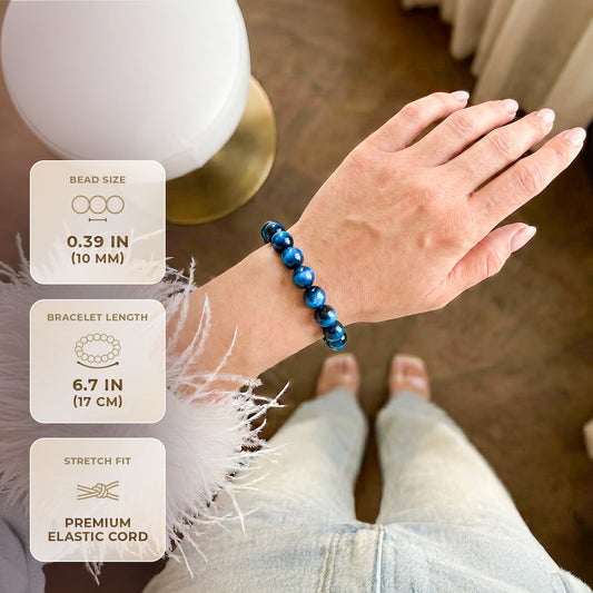 Hawk's Focus Royal Blue Tiger Eye Bracelet, 10mm beads, stretch elastic cord on Tampa Home & Garden Store