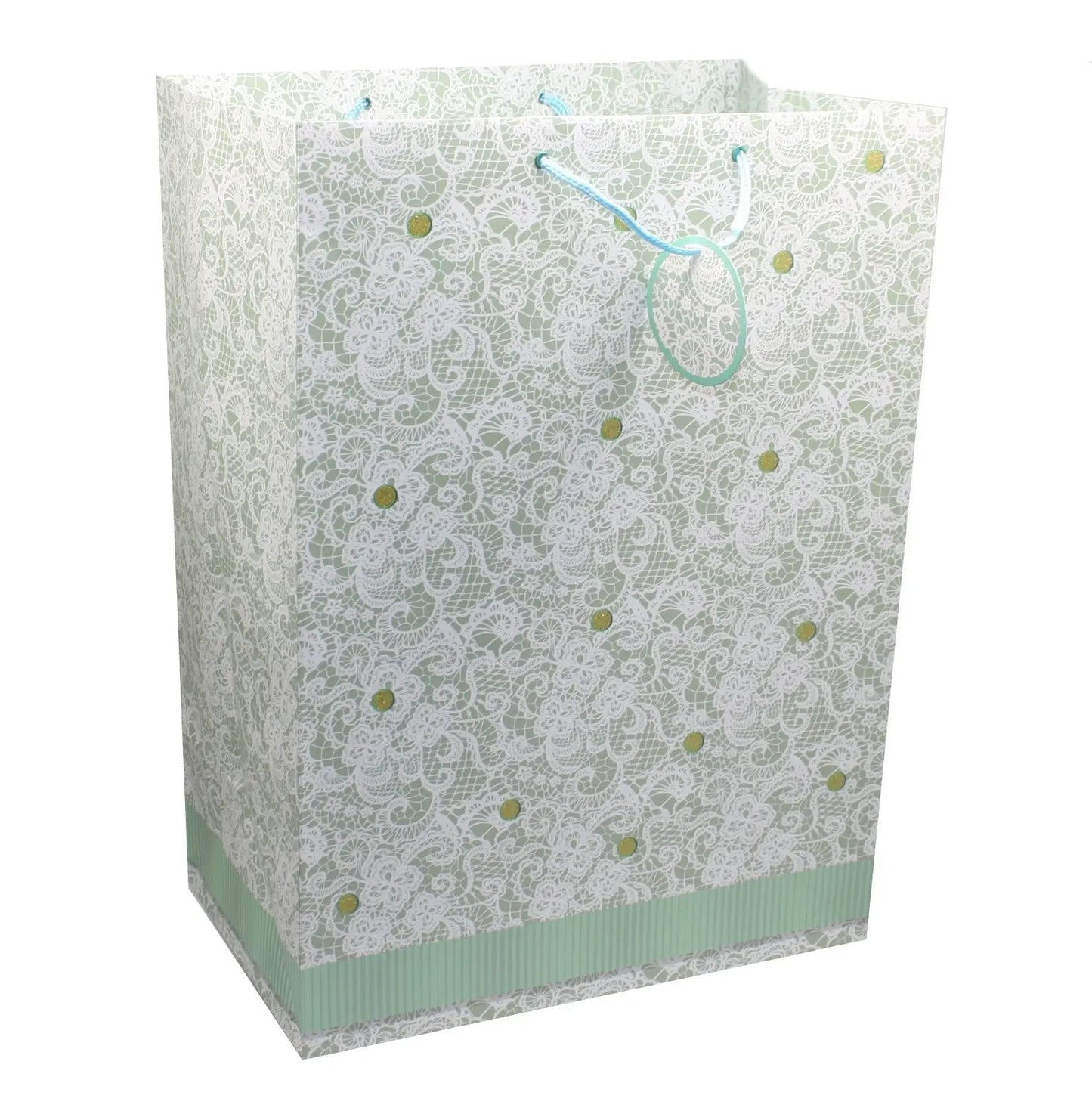 Mega Jumbo Lace Gift Bag with Glitter mint green base white lace print gold dots blue handles on Tampa Home & Garden Store