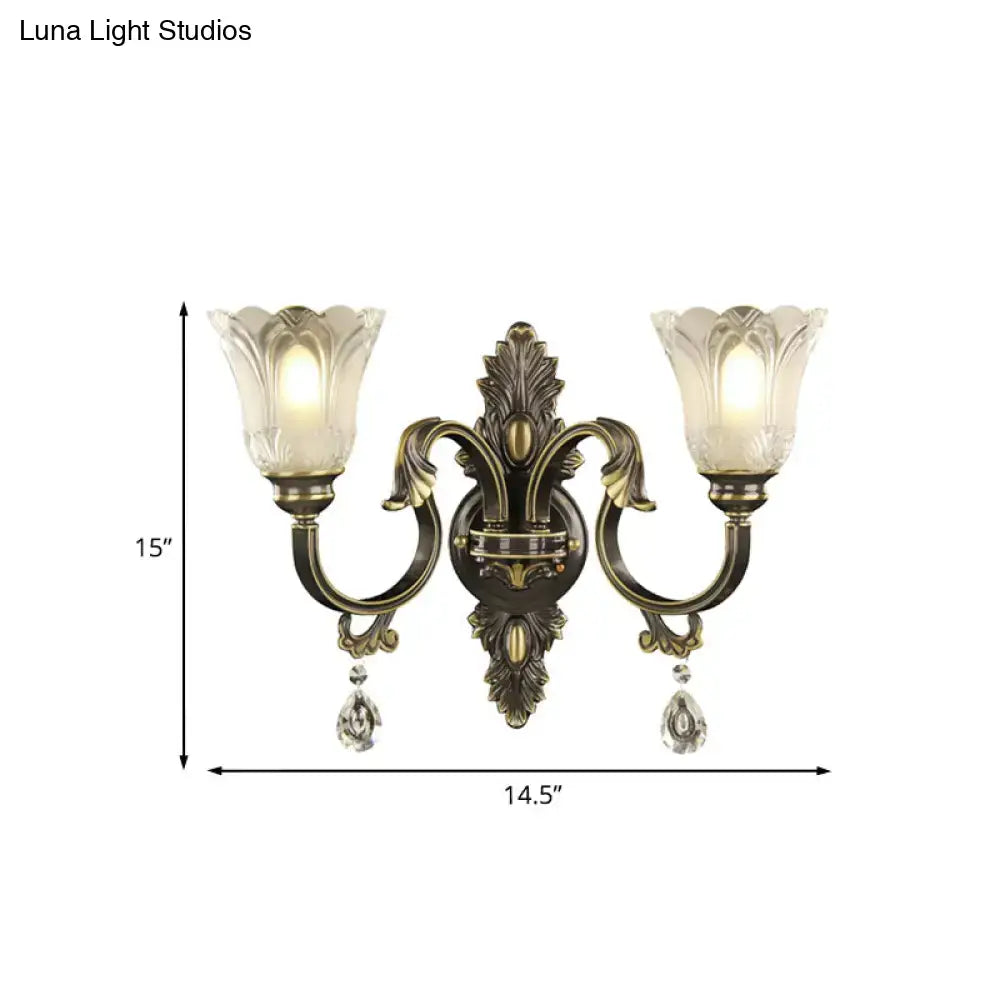 Brass Floral Black Gold Wall Sconce by Decorbites, two-light glass shades and crystal drops on Tampa Home & Garden Store