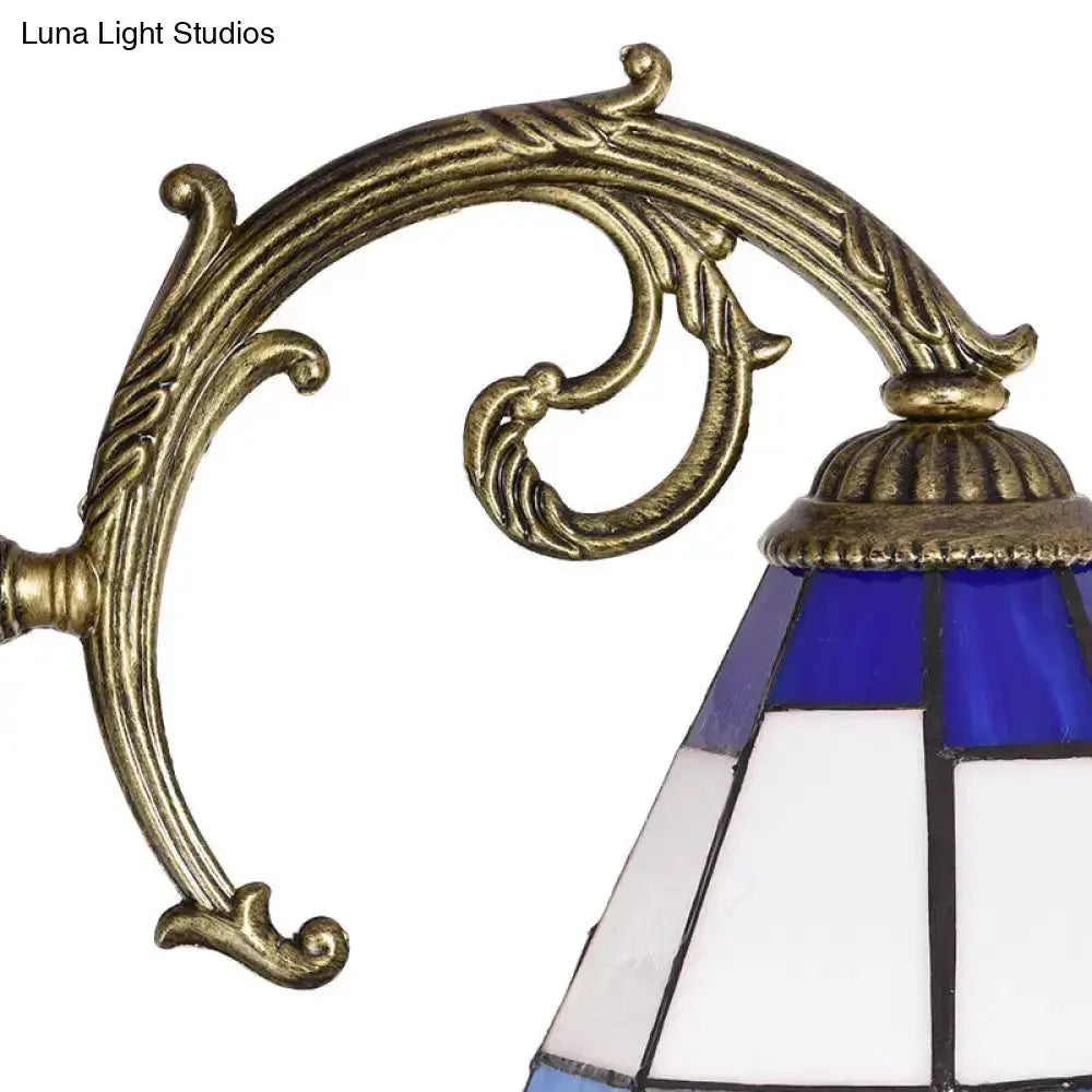 Blue Tiffany ceiling light by Decorbites with brass scroll arm and stained glass bell shade on Tampa Home & Garden Store