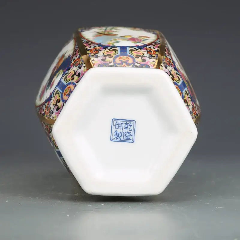 Porcelain Octagonal Vase by Decorbites with cloisonné pattern and gold trim, mark visible on Tampa Home & Garden Store