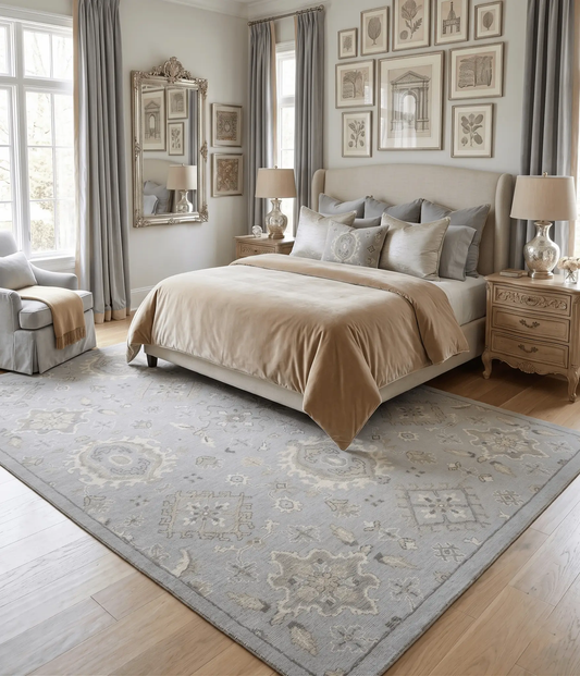 Antique Muted Silver Turkish Hand Knotted Rug in large soft grey with subtle damask pattern on Tampa Home & Garden Store