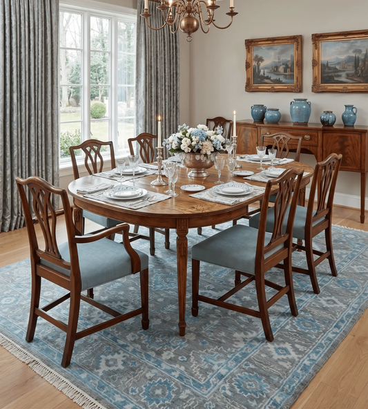 Antique gray and blue hand-knotted Oushak rug by The Rug Decor, area rug under dining table on Tampa Home & Garden Store