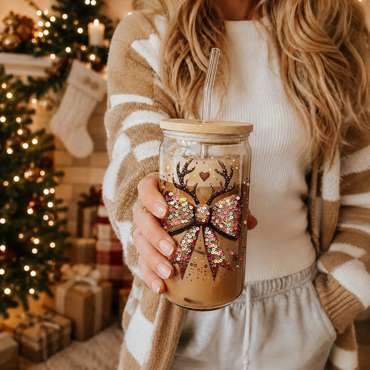 Sequin Bow Reindeer Glass Tumbler 17oz with glass body, Gia Roma, cork lid and straw on Tampa Home & Garden Store